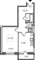 Однокомнатная квартира 43.85 м²
